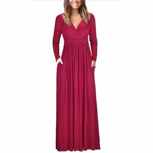 OUGES - Womens Long Sleeve Burgundy Wrap Waist Maxi Dress - Size M